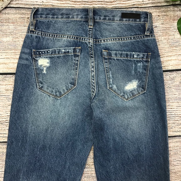 BlankNYC Embroidered High Rise Tapered Distressed Ankle Jeans Blue Denim Sz 24 - Picture 6 of 16